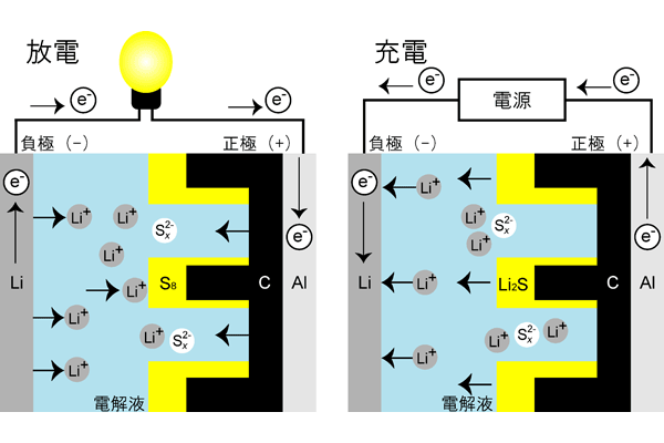 Schematic image of a Li-S battery during charge/discharge reactions.